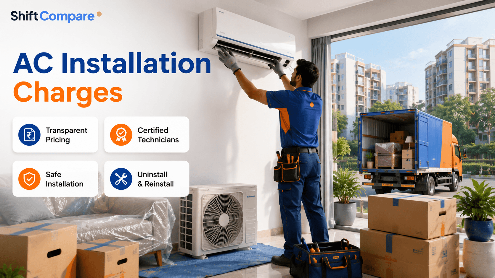 AC installation and uninstallation charges for packers and movers by window AC, split AC and gas top-up